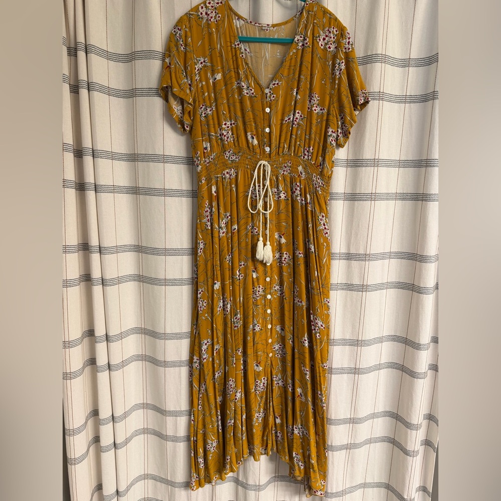 Elegant Mustard Floral Midi Dress